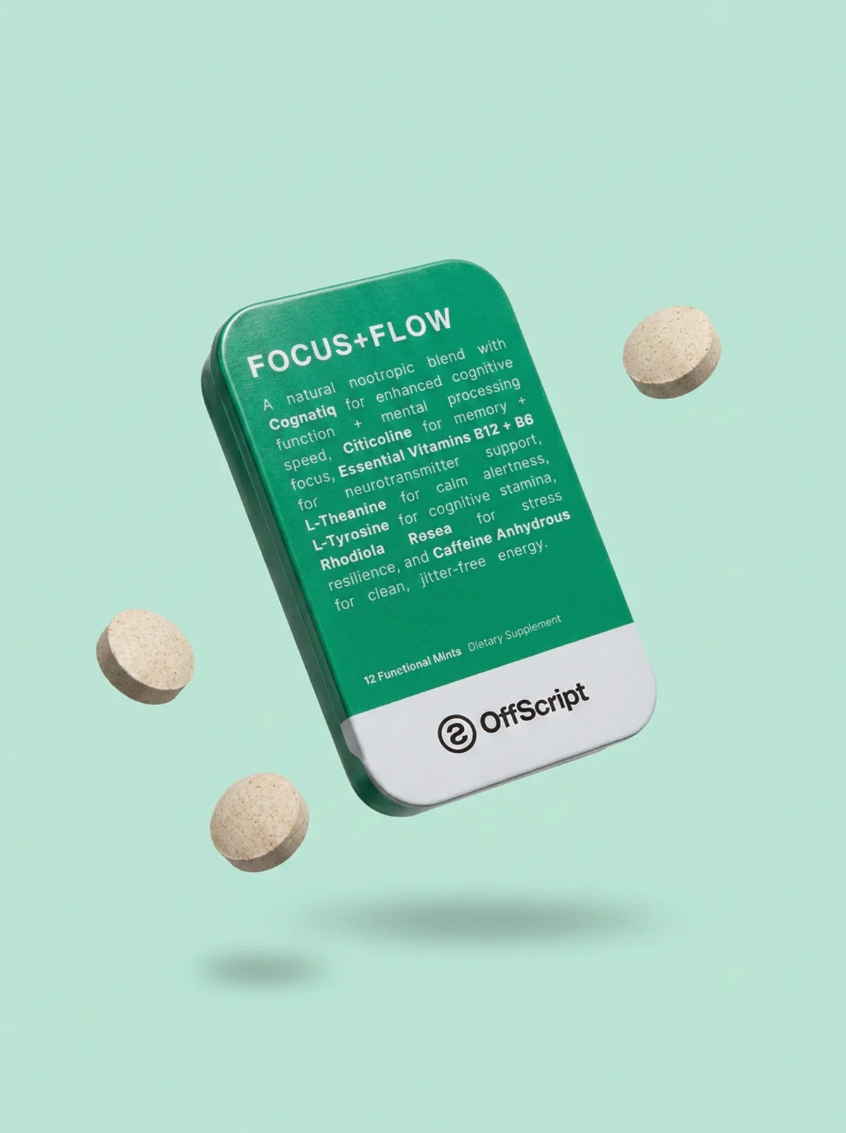 Supplement packaging labeled 'Focus+Flow' with tablets on a light green background with tablets floating around it.