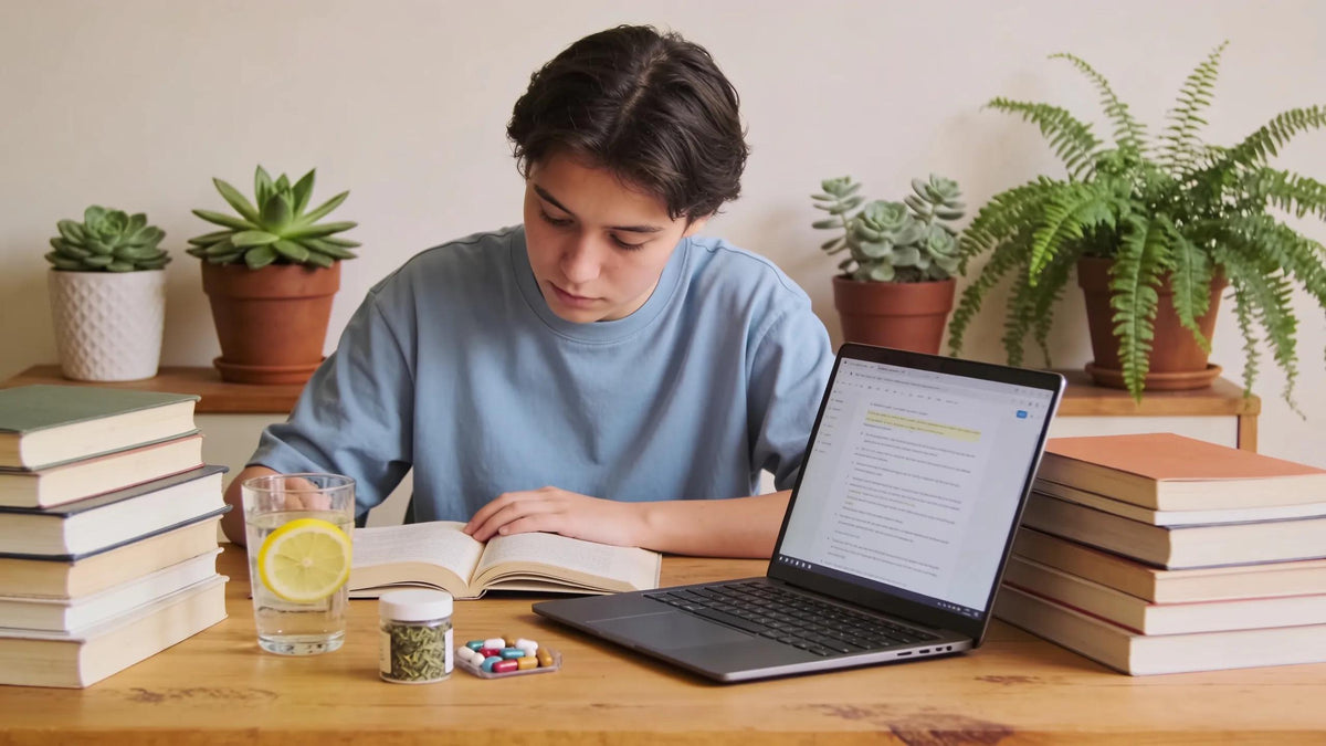 Person studying with natural nootropic supplements and books promoting mental clarity