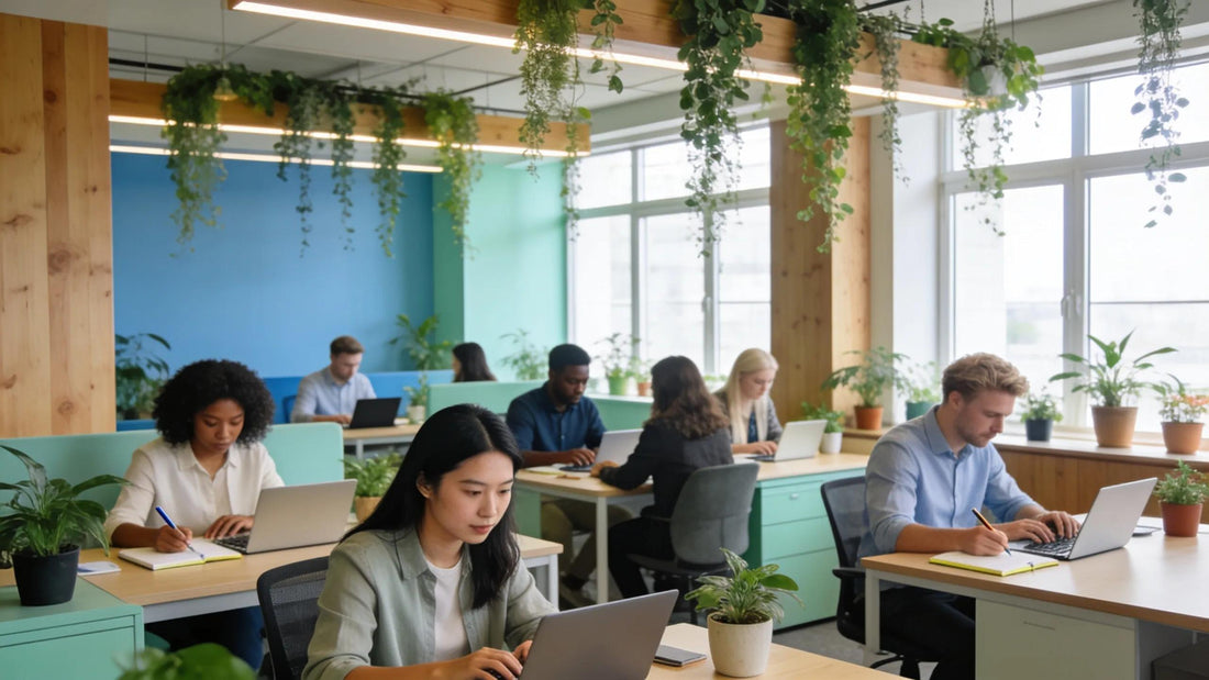 Group of professionals in a productive workspace focusing on tasks with natural elements for cognitive enhancement