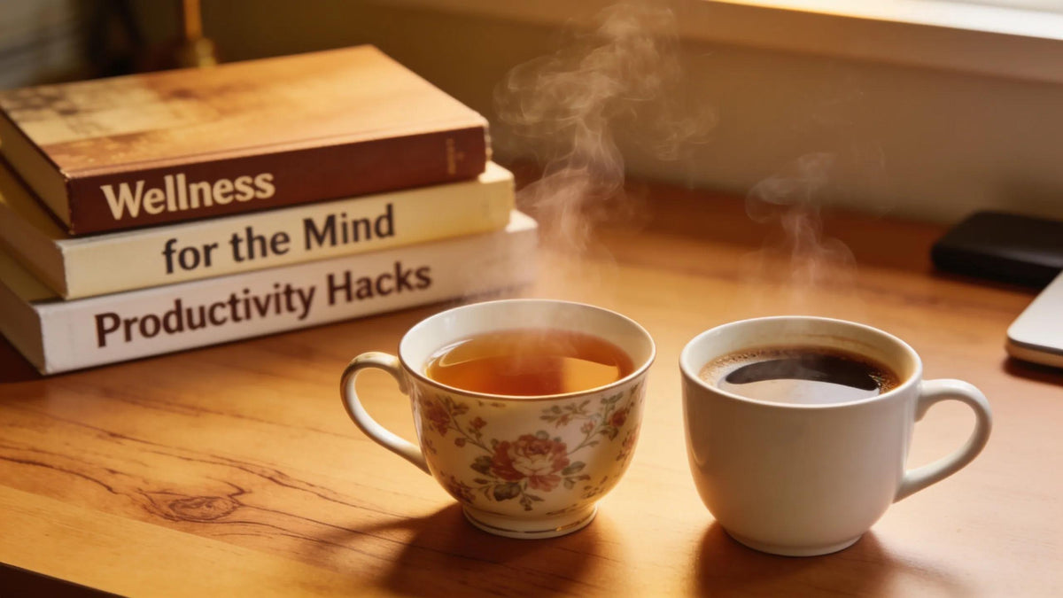 Cup of tea and coffee on a desk symbolizing the combination of L-Theanine and caffeine for cognitive enhancement