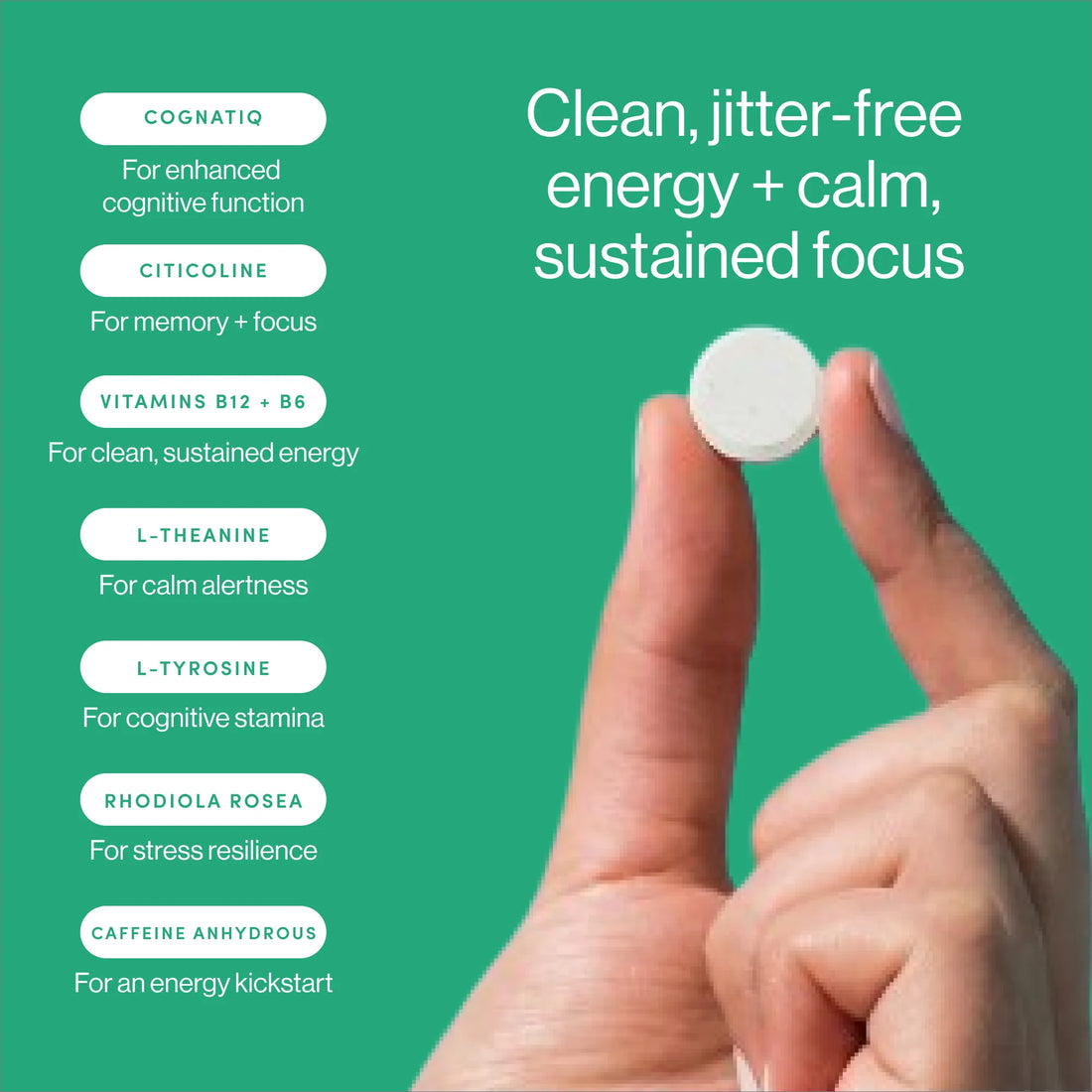 Hand holding a white tablet against a green background, with text detailing its benefits.