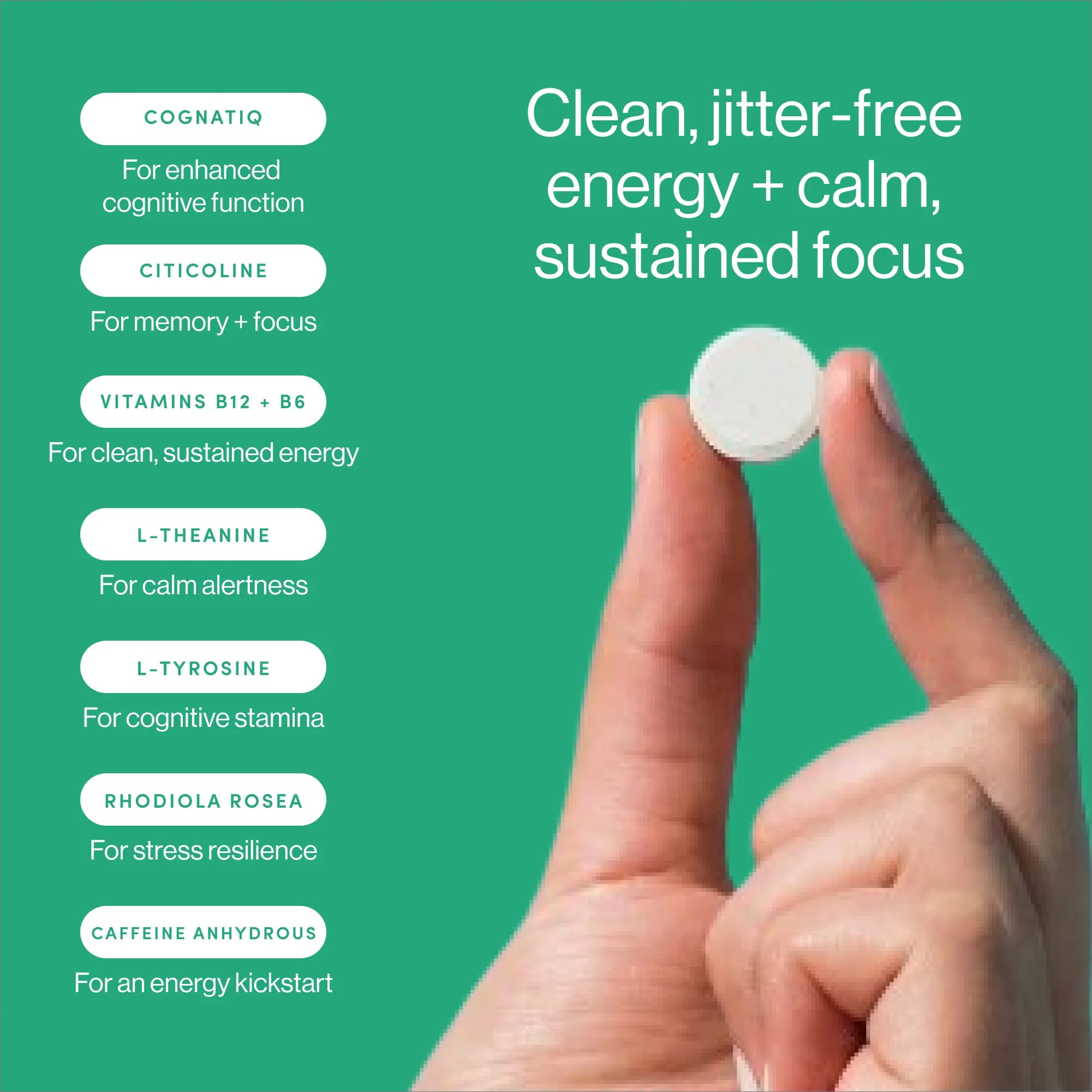 Hand holding a white tablet against a green background, with text detailing its benefits.