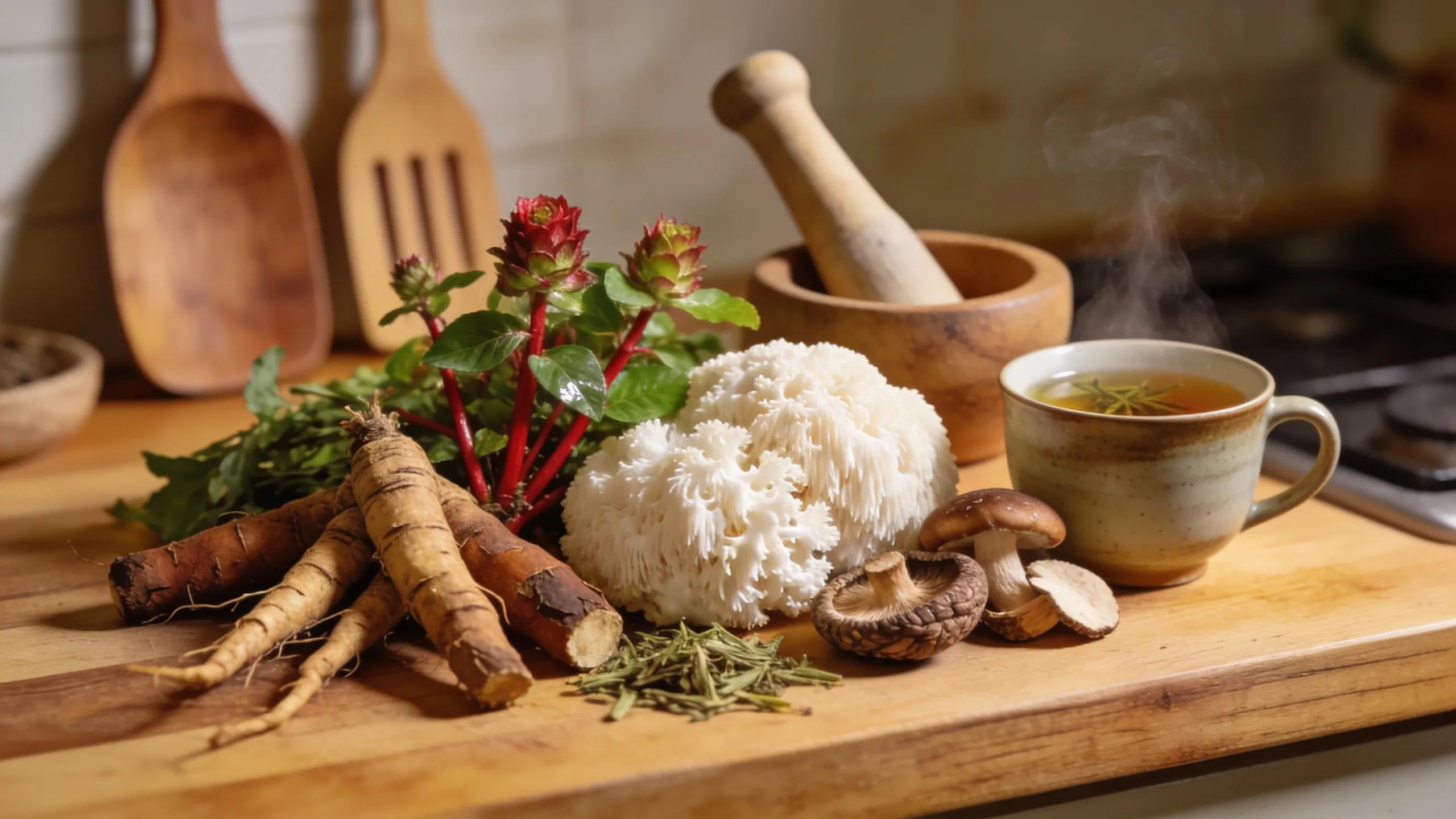 Selection of adaptogenic herbs including ashwagandha and rhodiola rosea on a wooden countertop, symbolizing natural stress relief.