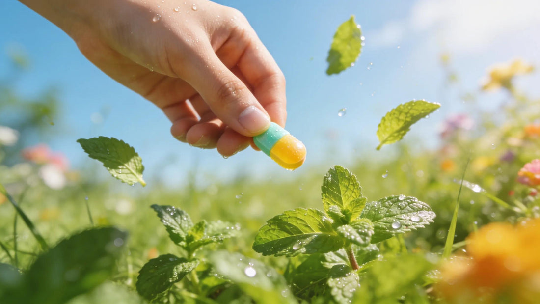 Colorful sublingual mint held in hand with fresh mint leaves in a natural setting, emphasizing cognitive enhancement