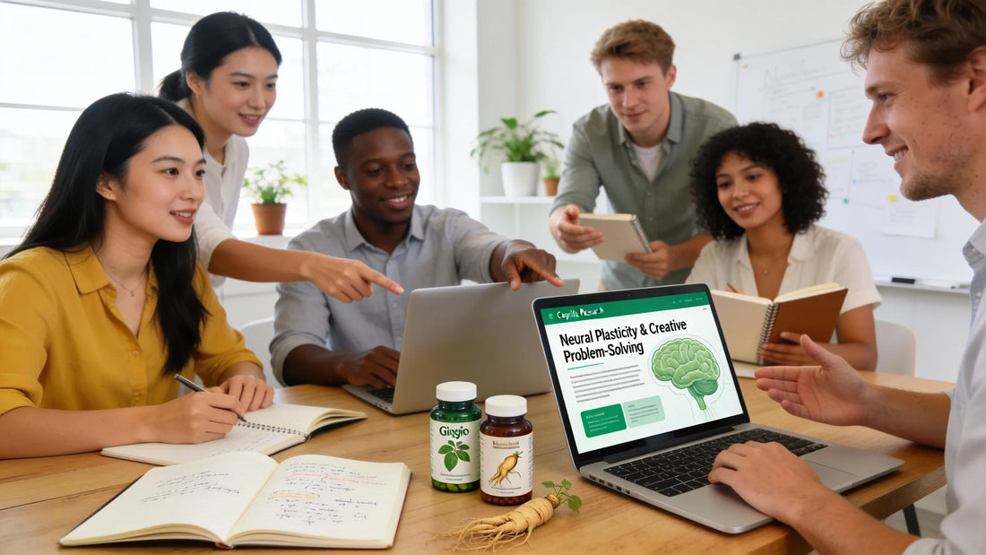 Group of people in a modern workspace discussing natural cognitive enhancers with herbal supplements in view