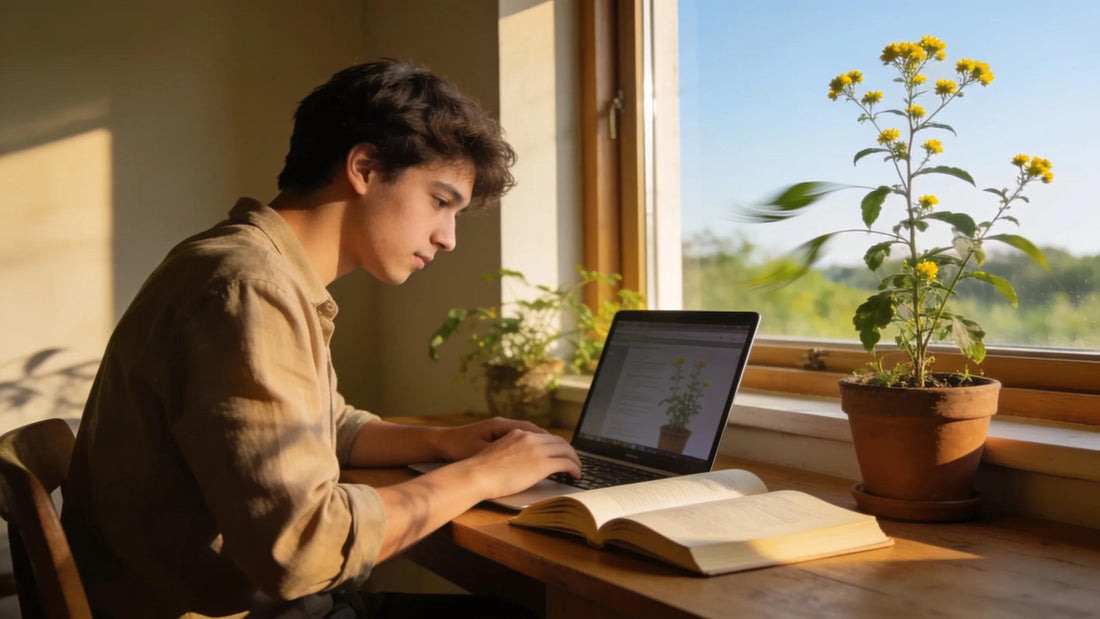 Person studying in a serene environment with plants and books, representing ashwagandha's cognitive enhancement benefits