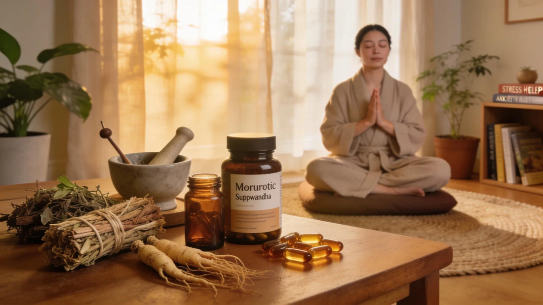 Natural nootropic supplements on a wooden table with a person meditating in a calming indoor setting