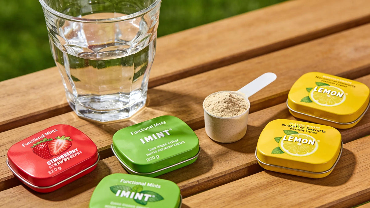Functional mints and nootropic powders displayed together, showcasing their flavor options and cognitive enhancement benefits