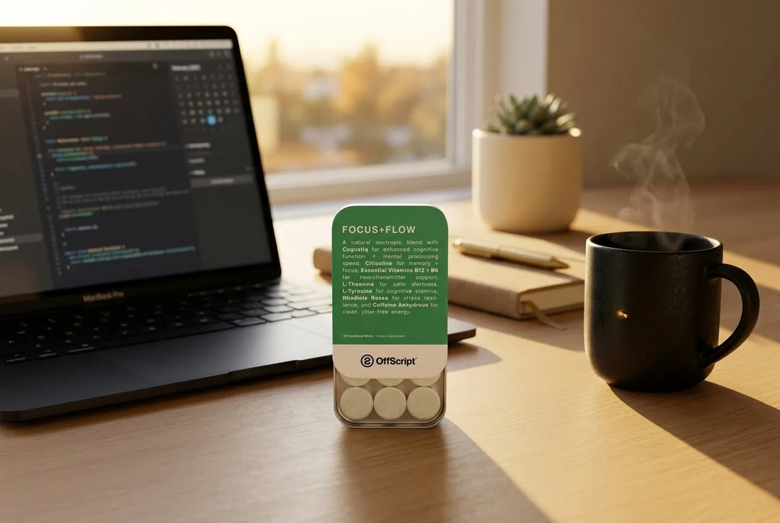 FOCUS+FLOW nootropic mints tin on a work desk