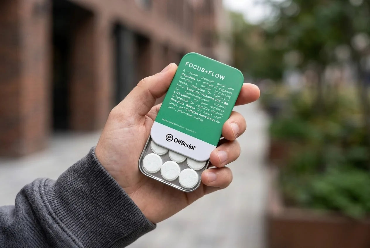 Open FOCUS+FLOW tin showing fast-dissolving nootropic mints