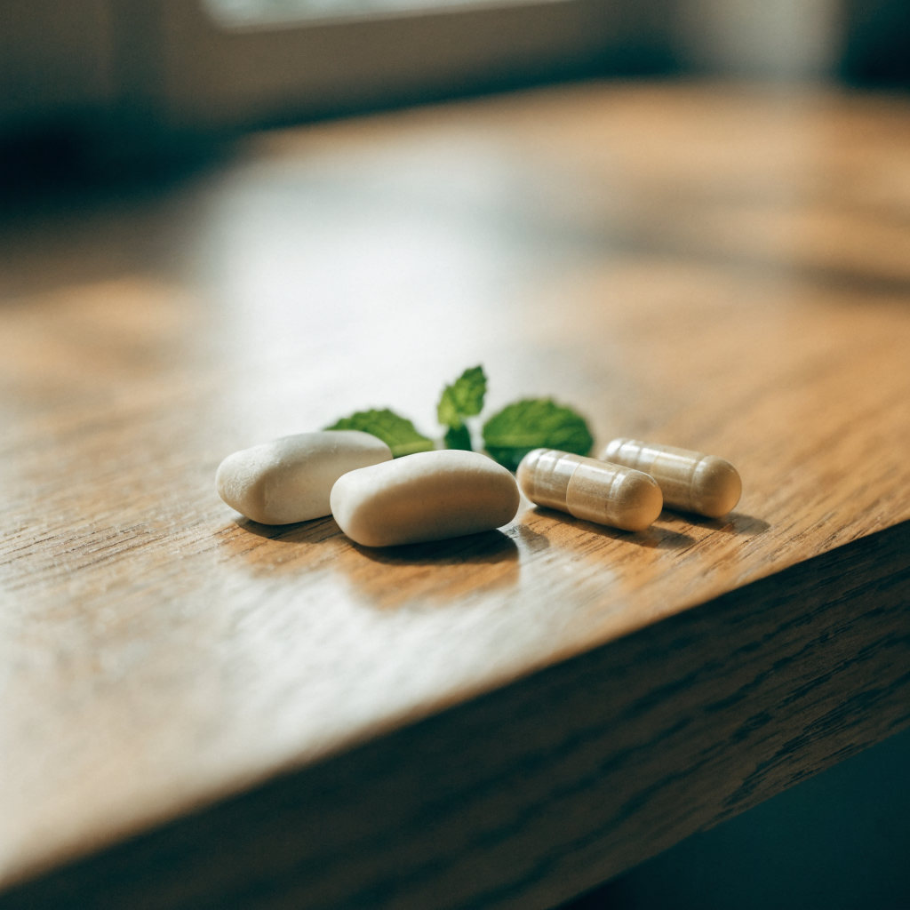 Chewing gum pieces and supplement capsules side by side on a desk