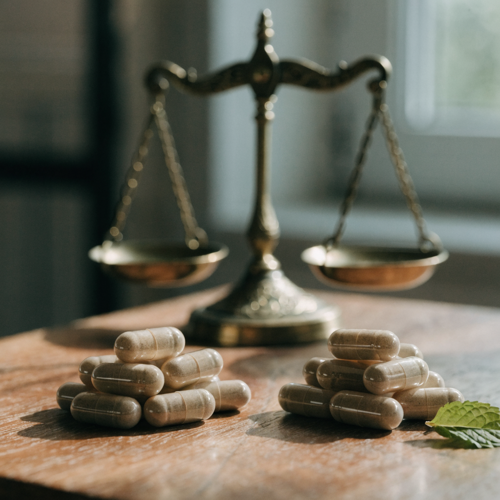 Two piles of supplement capsules on a desk with a balance scale