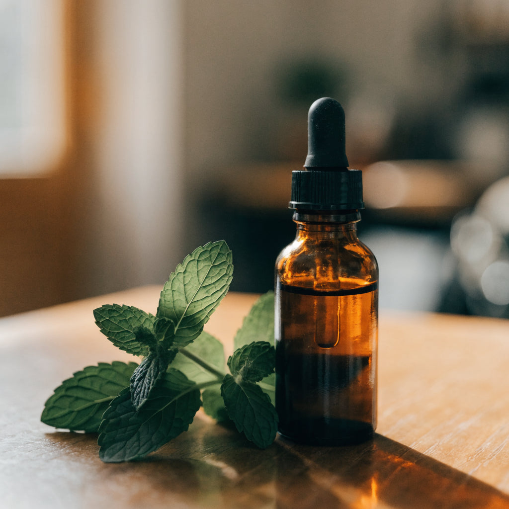 Amber dropper bottle on a wooden desk with mint leaves