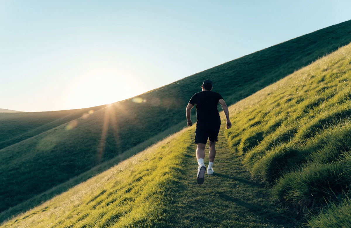 Person walking up a green hill path at sunrise, momentum and drive