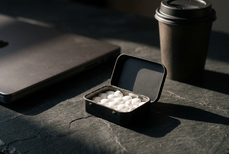 Open tin of caffeine mints on a dark desk beside a laptop and coffee cup in afternoon light