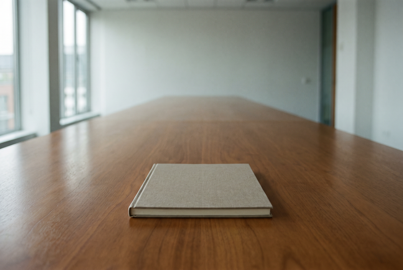 A quiet empty conference room in calm early morning light before a meeting
