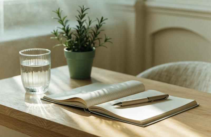 Morning sunlight across a tidy desk with an open notebook, a glass of water and a small plant