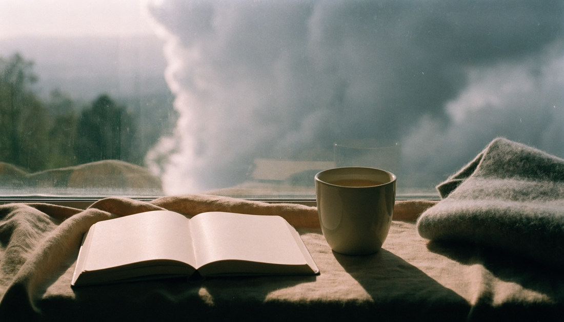 A window seat half in sunlight and half in cloud shadow, with an open notebook and a mug of tea