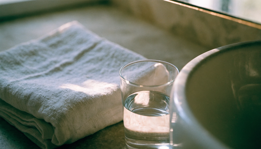 A simple bathroom counter with a folded towel and a glass of water in soft early morning light