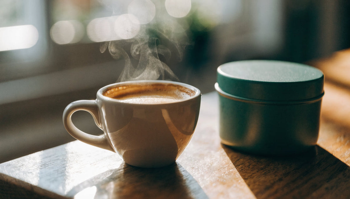Espresso cup beside a caffeine pouch tin on a wooden table