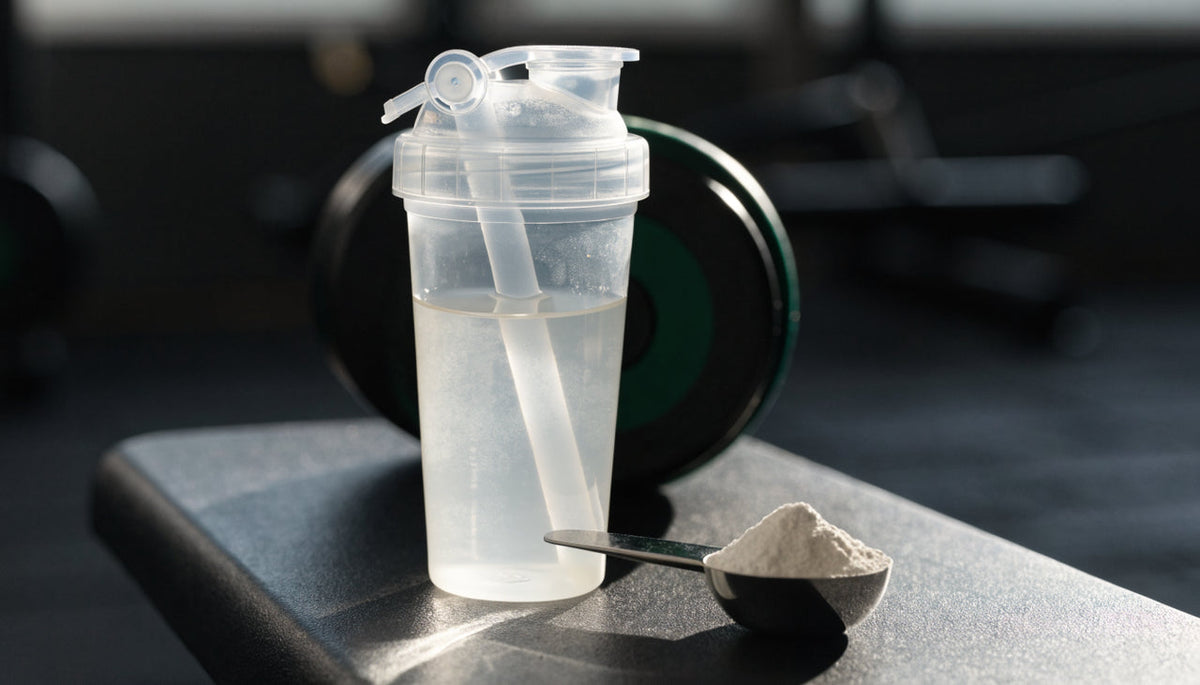 Shaker bottle and creatine scoop on a gym bench, stimulant-free pre-workout
