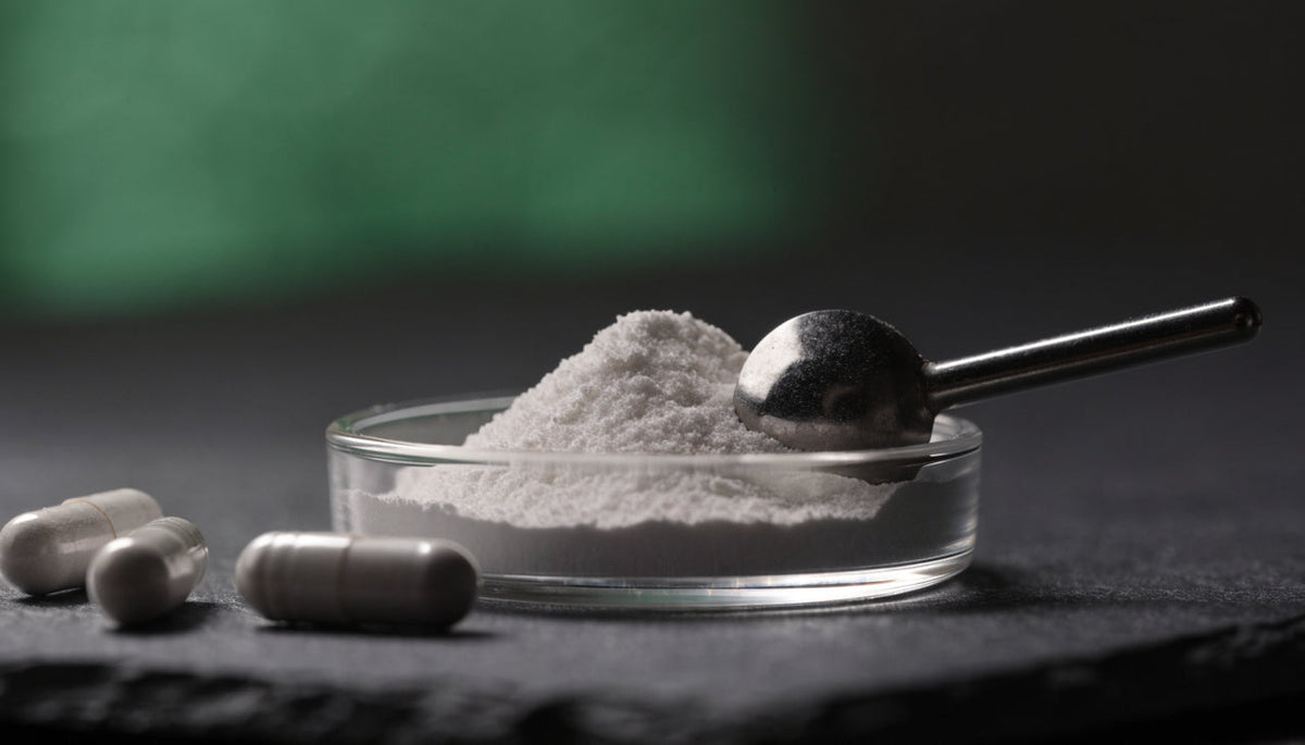 L-tyrosine powder in a glass dish with a small scoop and capsules on slate