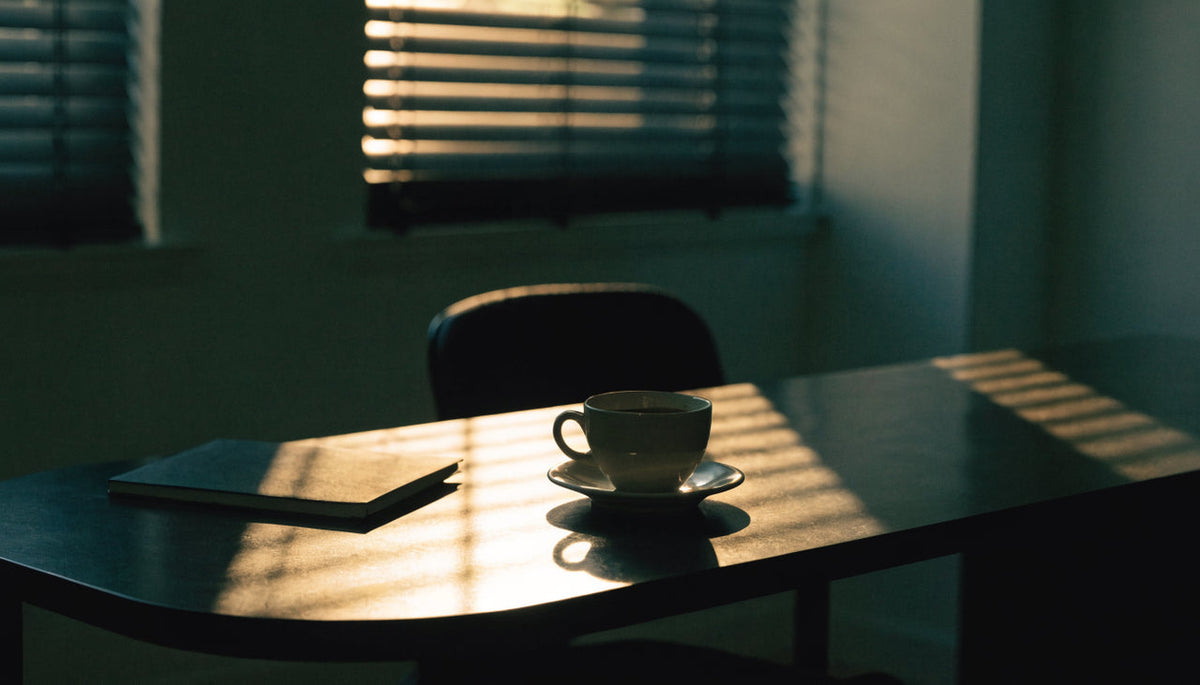 Late afternoon light across an empty desk with a finished coffee cup