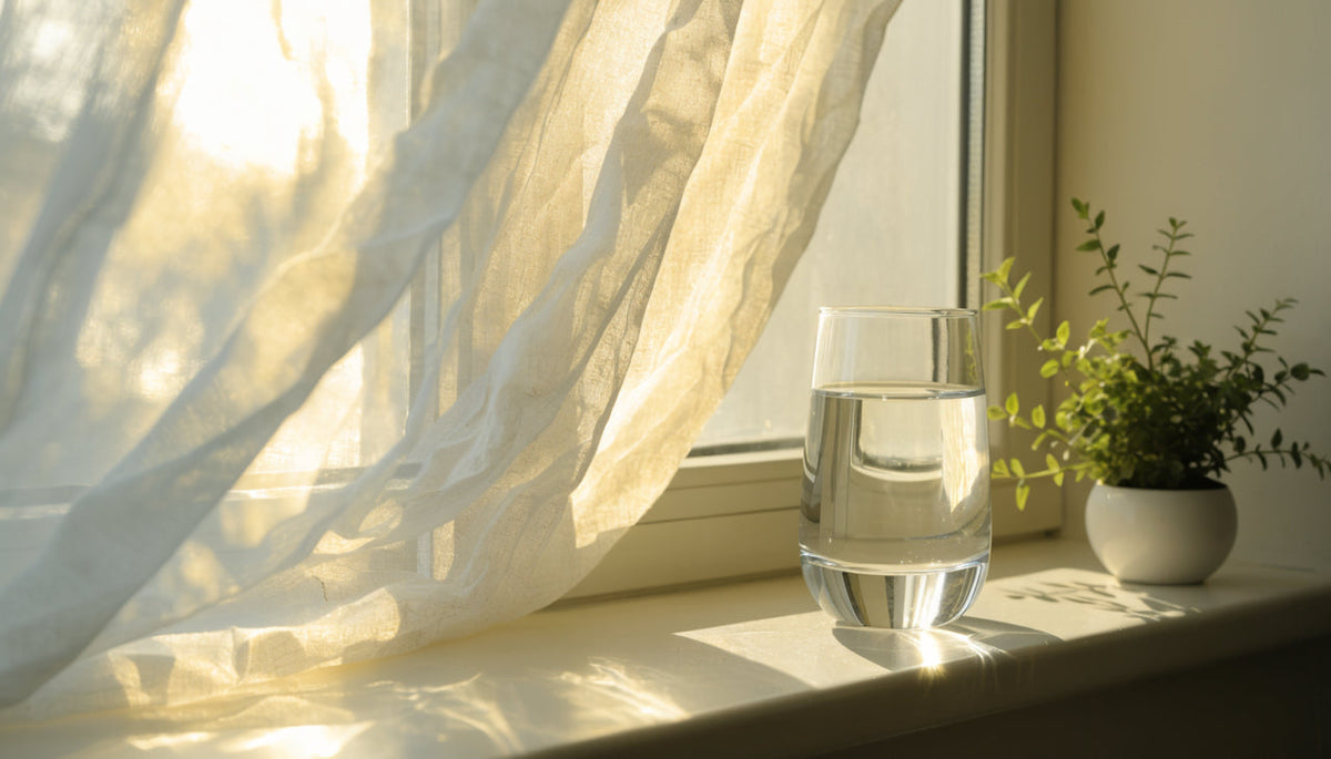 Glass of water in morning sunlight on a windowsill beside a plant