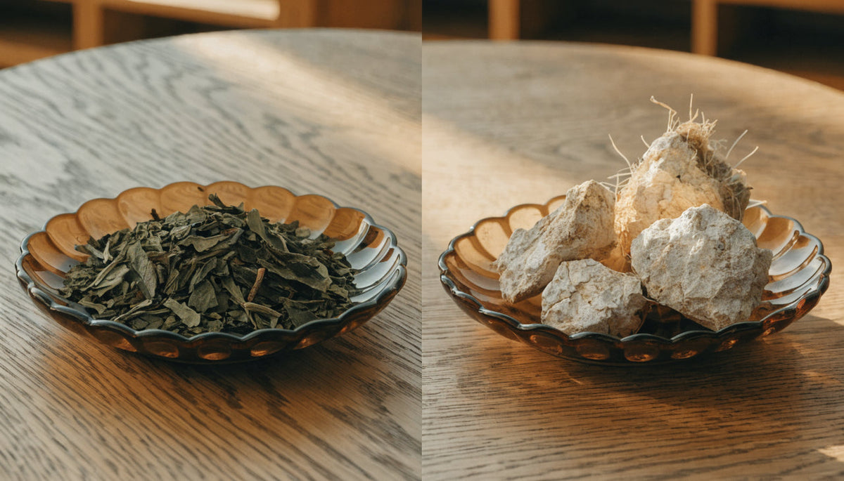 Green tea leaves and dried ashwagandha root in matching dishes side by side