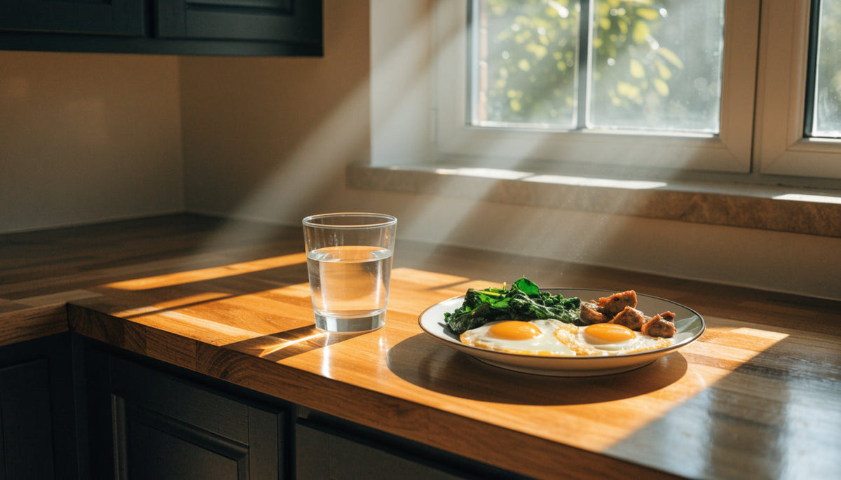 Protein-forward breakfast in warm morning light, a fresh start