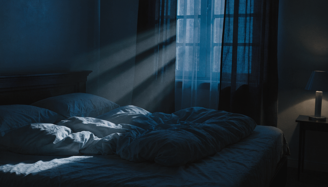 Moonlit bedroom at night with an empty bed and warm bedside lamp