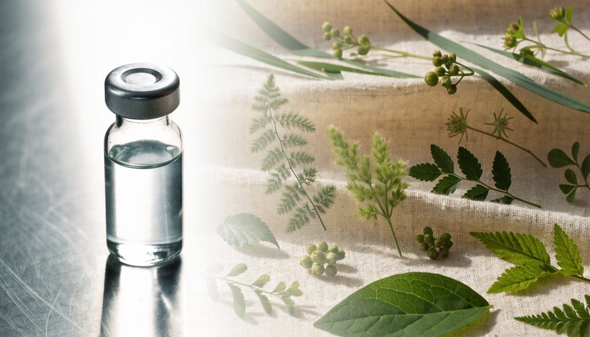 Unlabeled medical vial beside fresh botanicals, clinical versus natural comparison