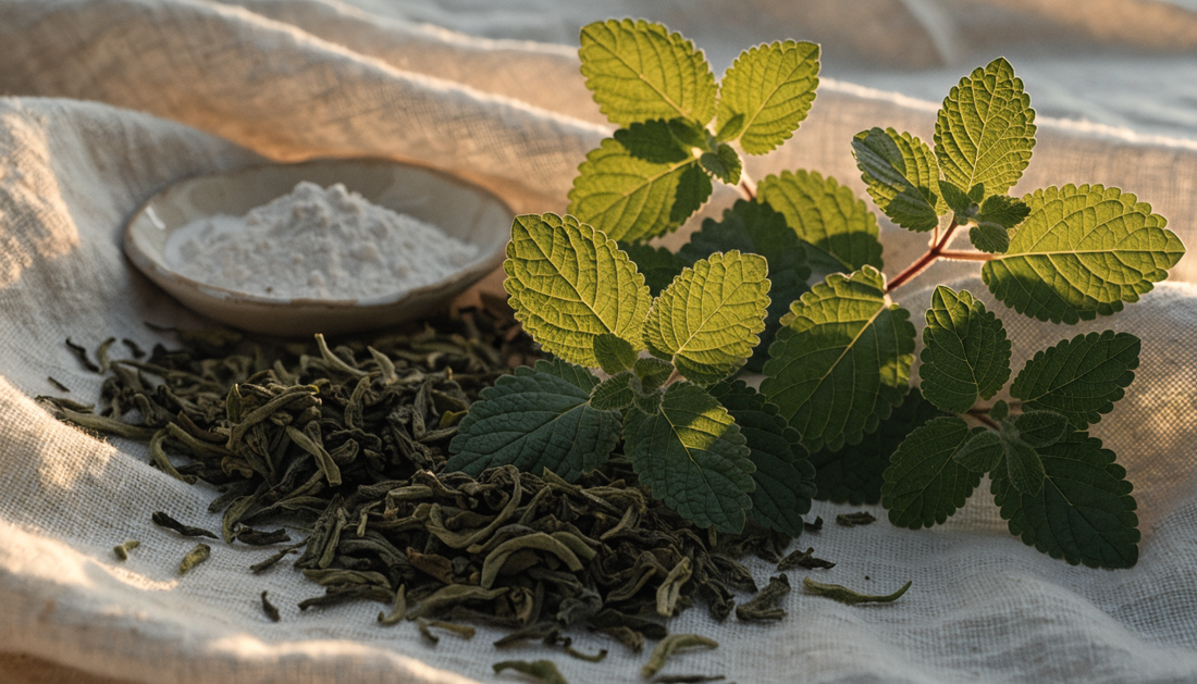 Tea leaves, lemon balm and magnesium powder arranged on linen in evening light