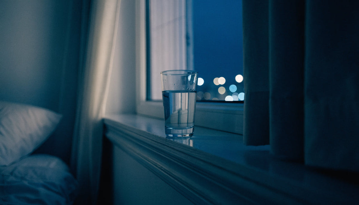 Glass of water on a bedroom windowsill at night