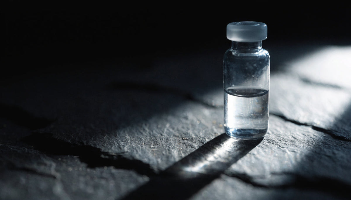 Single unlabeled glass vial in a shaft of hard light on dark slate