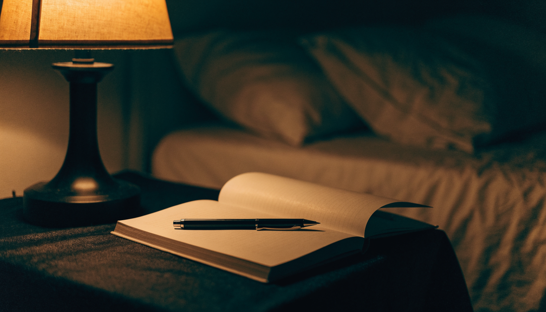 Open notebook and pen under a warm bedside lamp at night