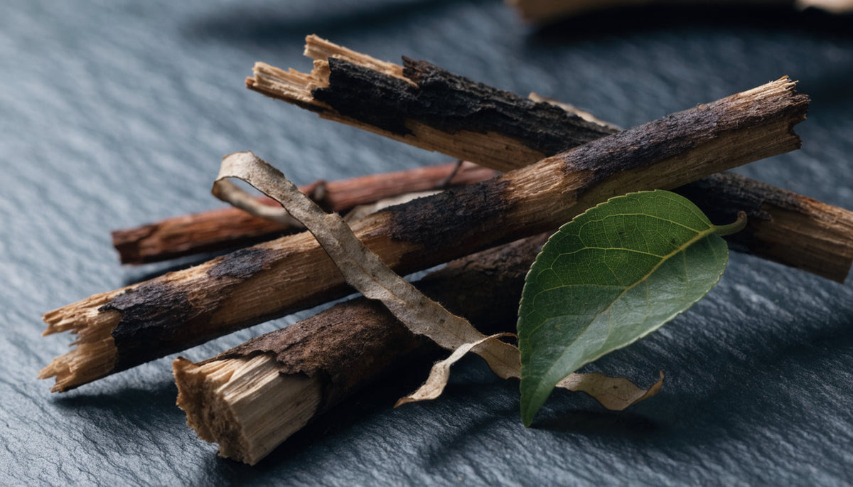 Dried fadogia agrestis stem pieces on dark slate with one fresh leaf