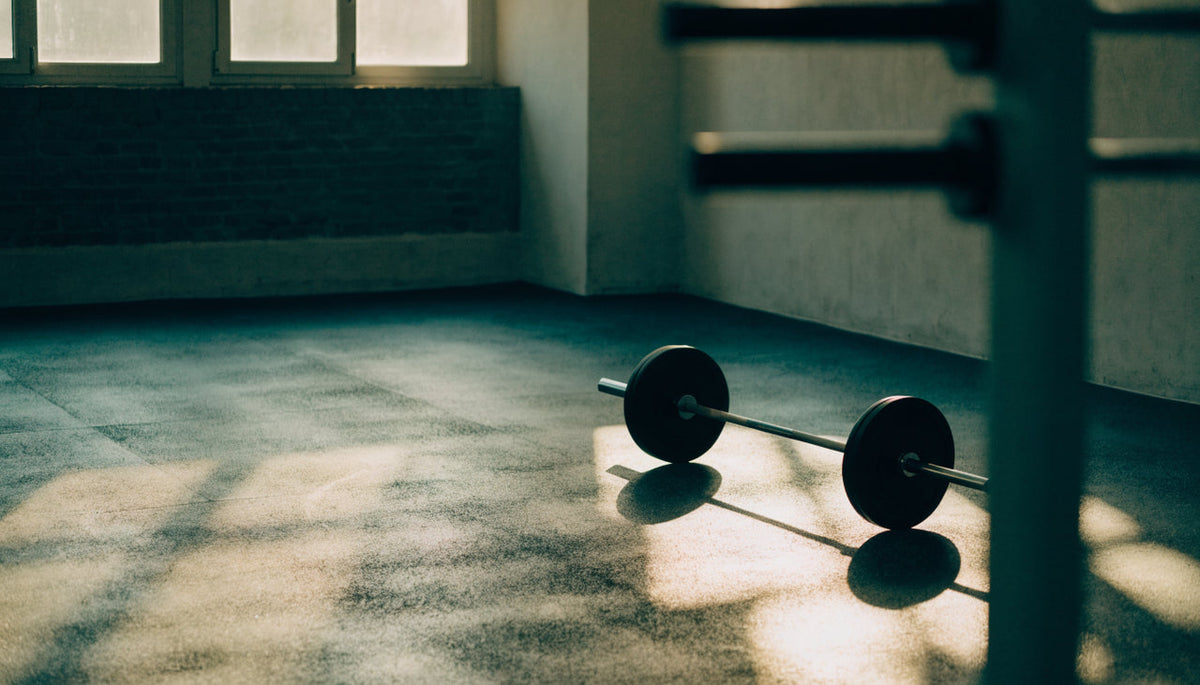 Empty barbell in first morning light through gym windows