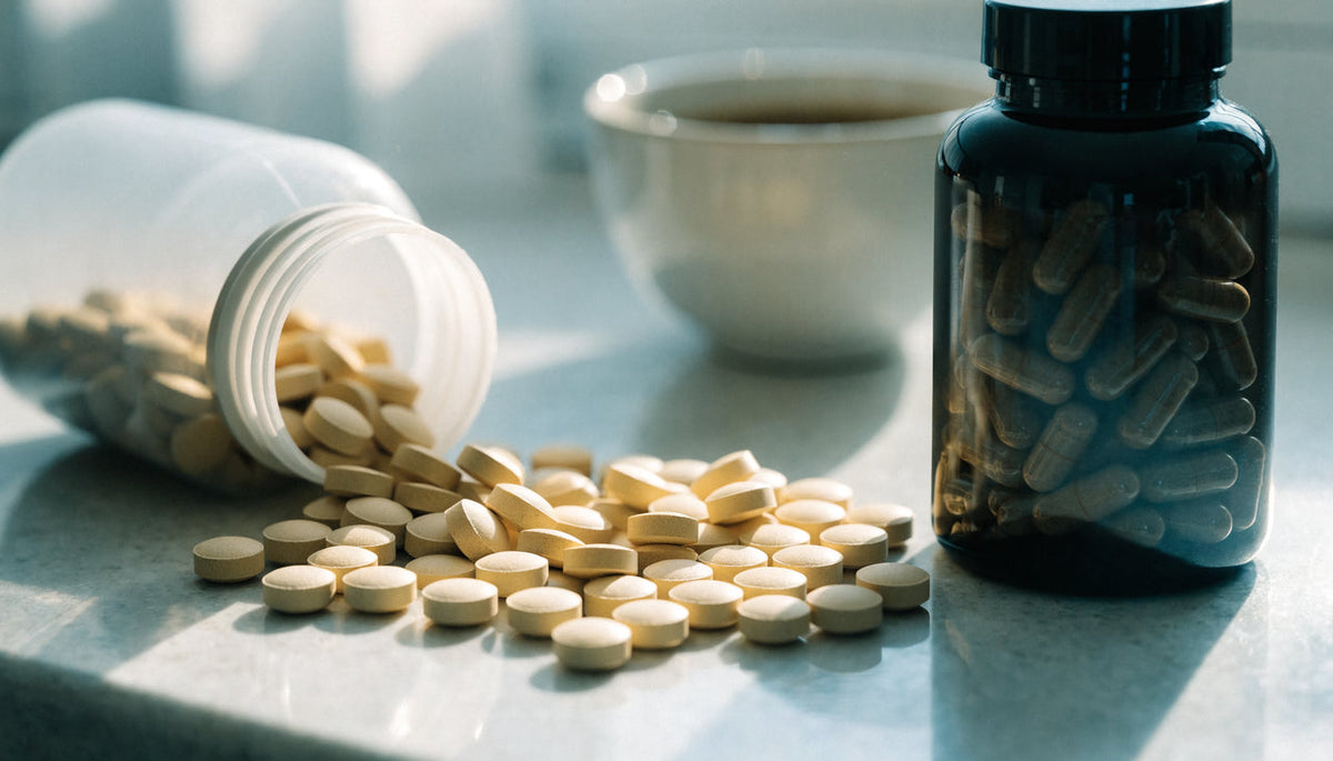 A value-size bottle of tablets spilling onto a counter beside a dark premium capsule bottle