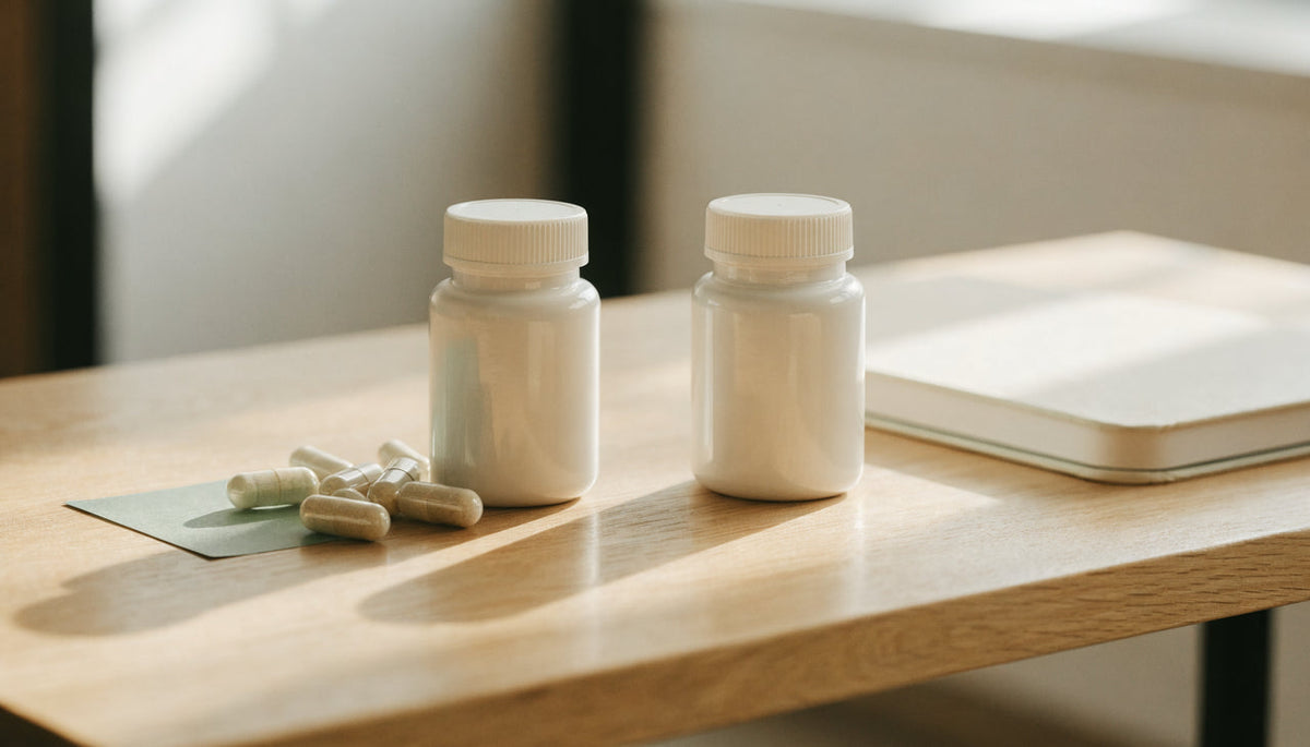 Two supplement capsule bottles facing each other on a desk with an ingredient card and notebook