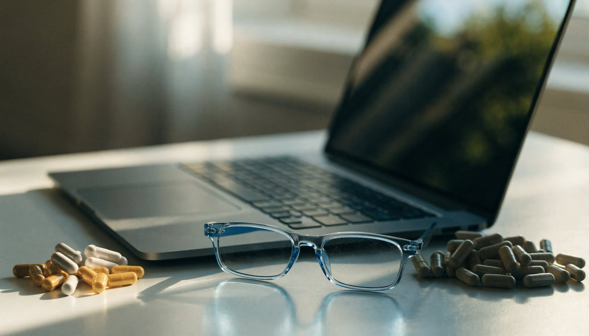 Two piles of supplement capsules on either side of an open laptop with blue-light glasses