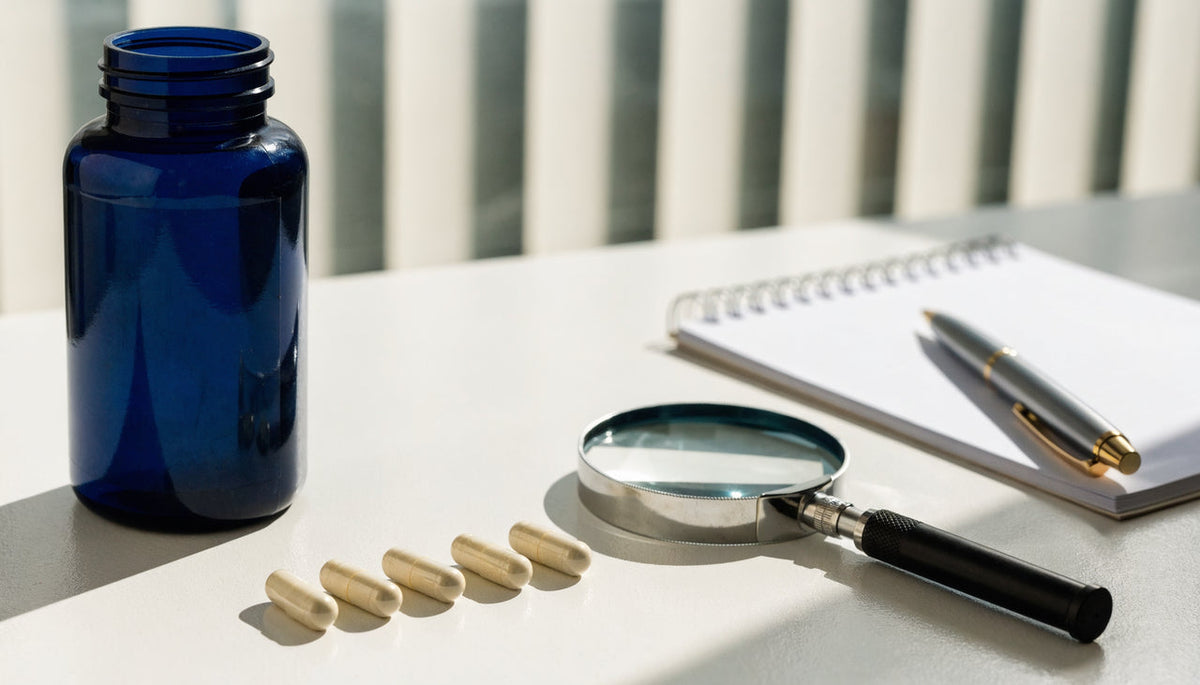 A navy supplement bottle with six capsules in a row beside a magnifying glass and notepad
