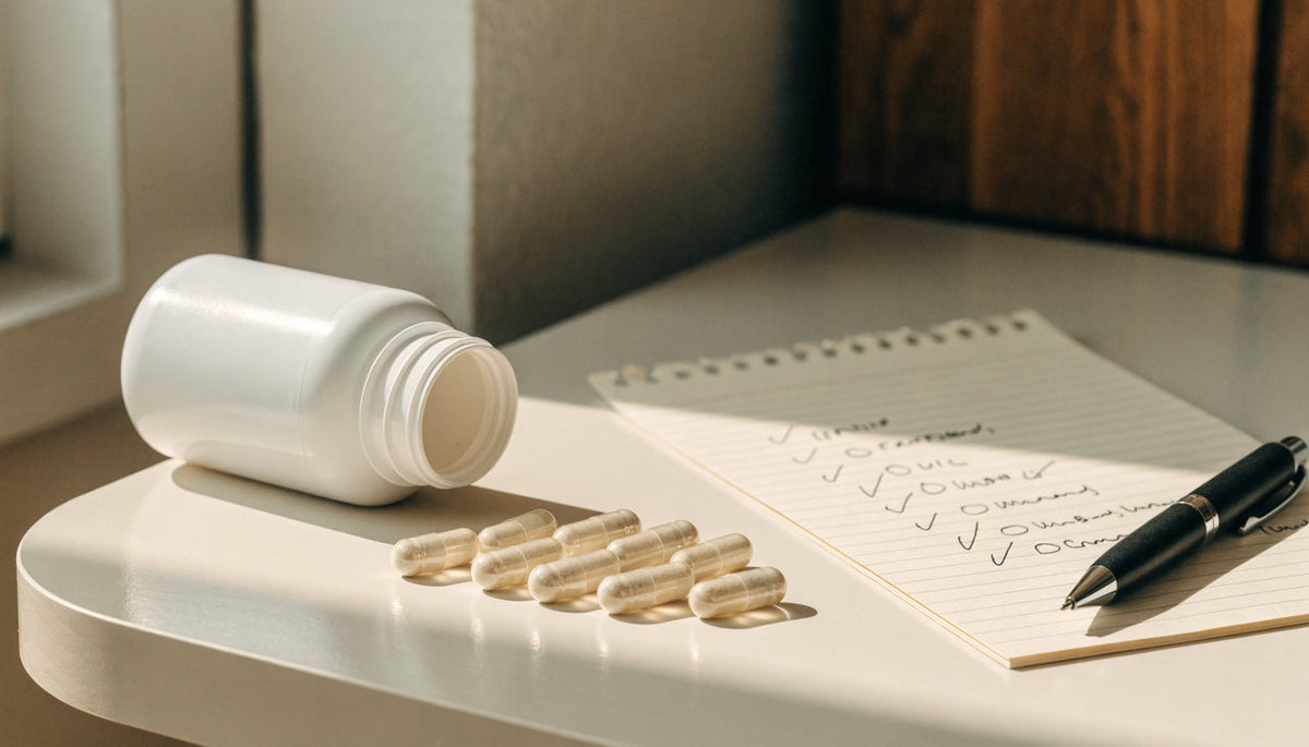 A white supplement bottle with capsules arranged in a grid beside a handwritten checklist