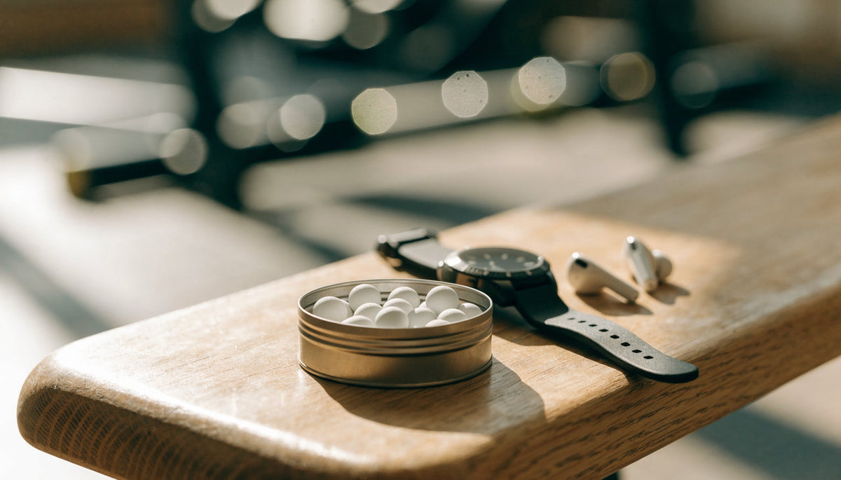 White gum pellets in an open tin on a gym bench beside a sports watch and earbuds