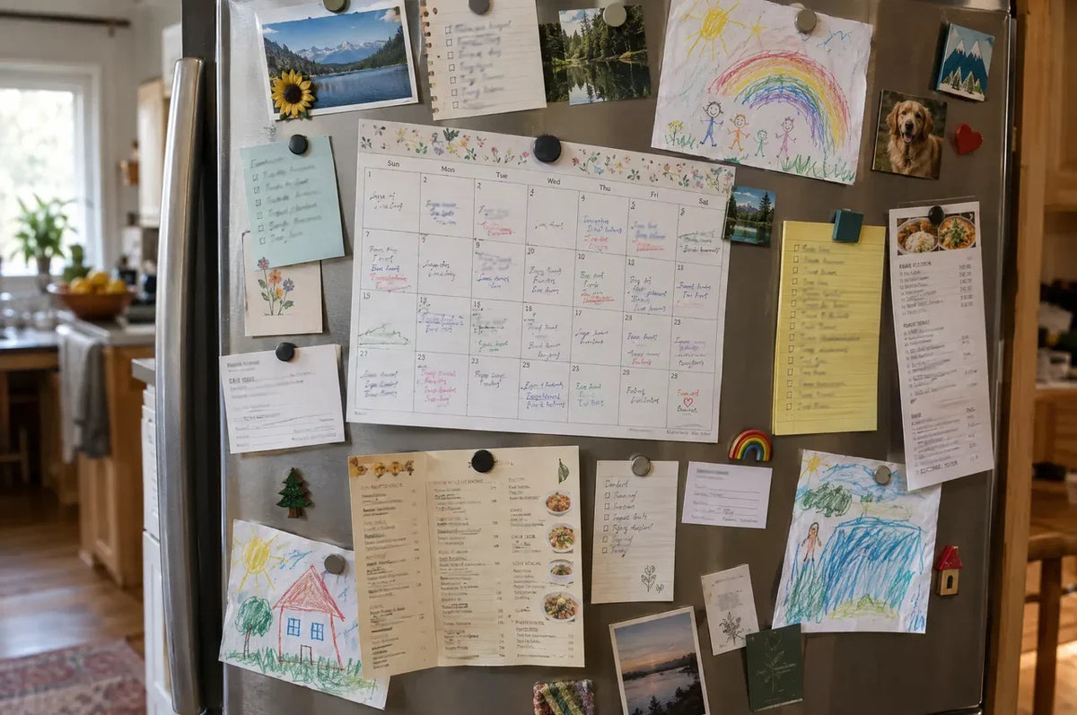 Family fridge door crowded with a full calendar, school notes, appointment cards and kids' drawings