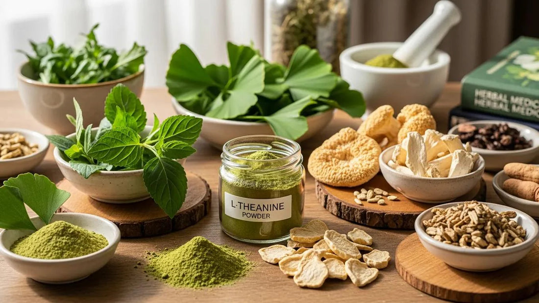 Natural nootropic ingredients including Bacopa monnieri, L-theanine, and Rhodiola rosea on a wooden table