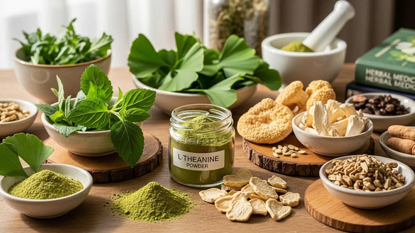 Natural nootropic ingredients including Bacopa monnieri, L-theanine, and Rhodiola rosea on a wooden table