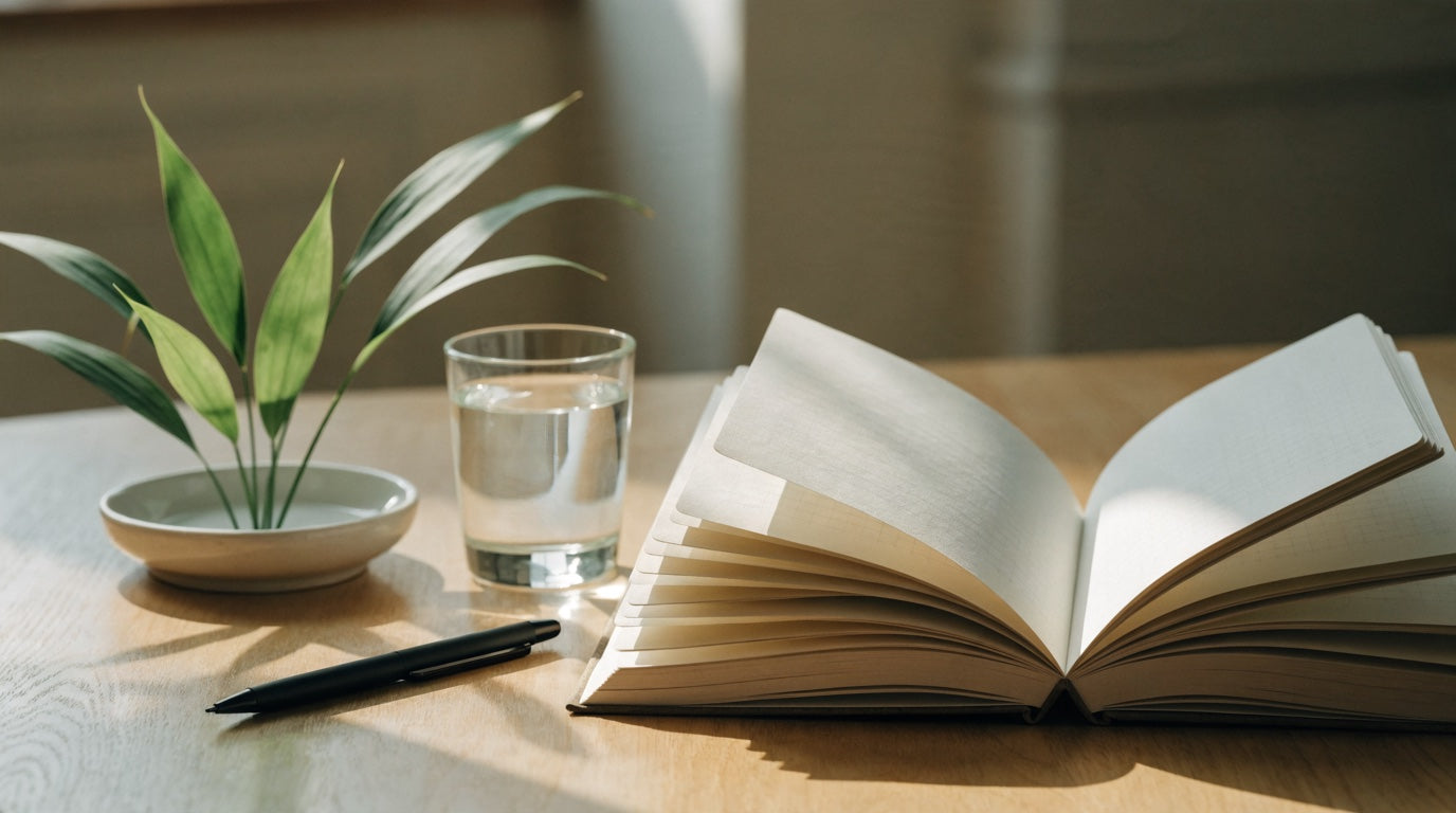 An open notebook, pen and glass of water on a sunlit wooden desk