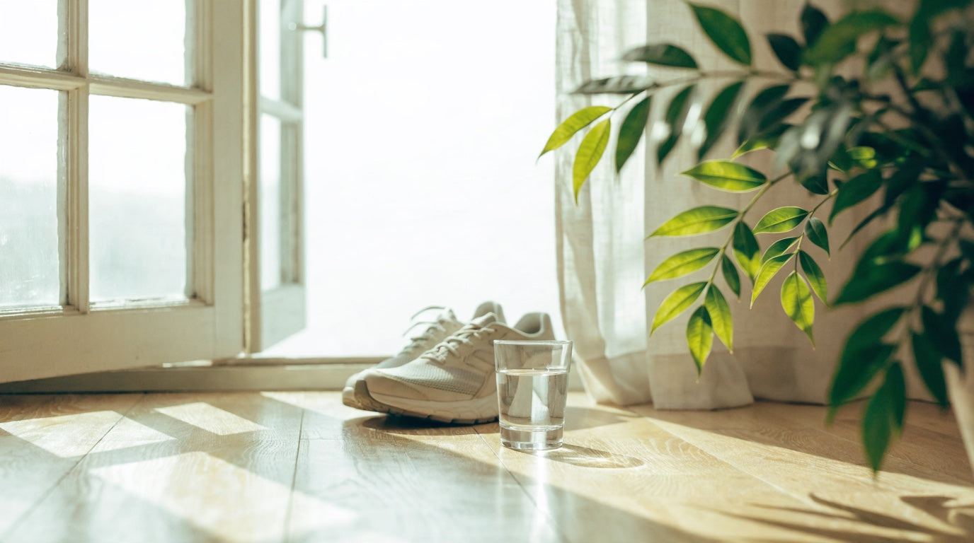 Bright morning sunlight streaming into a room with running shoes and a green plant