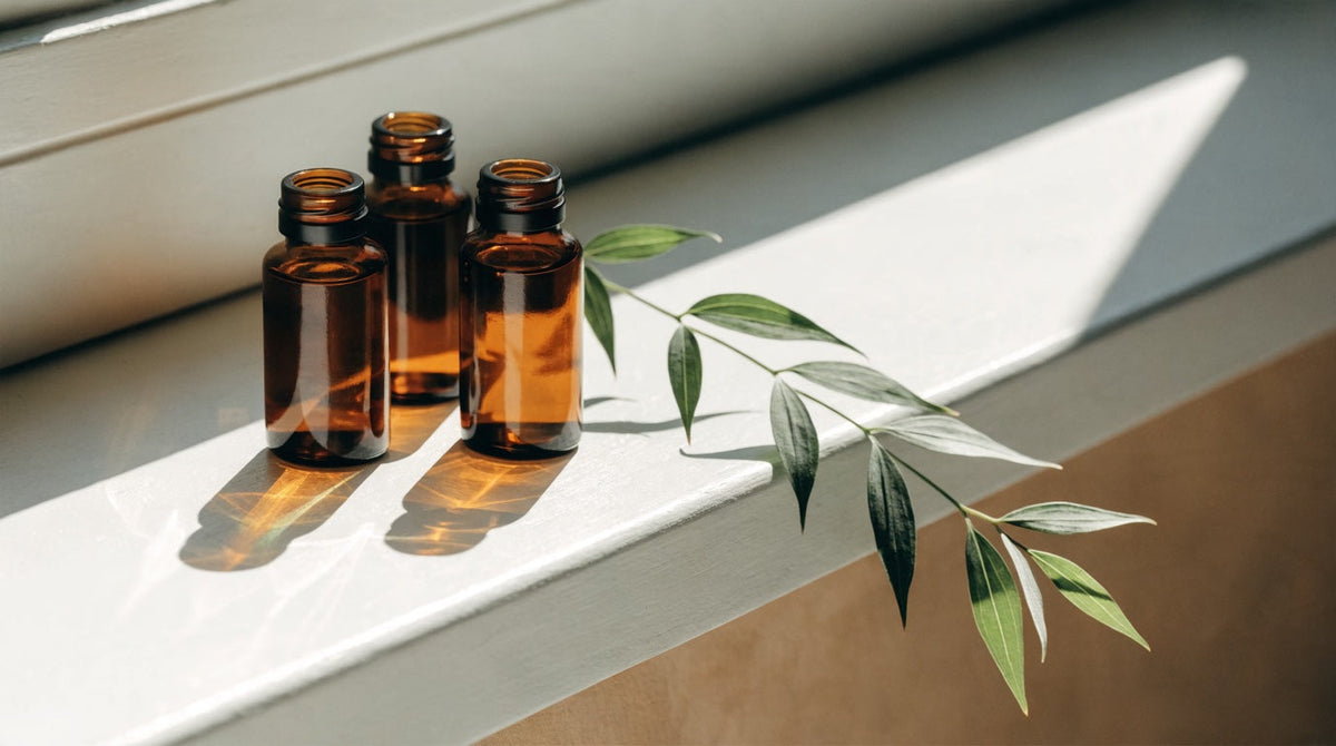 Morning sunlight on a windowsill holding amber glass bottles and a green plant